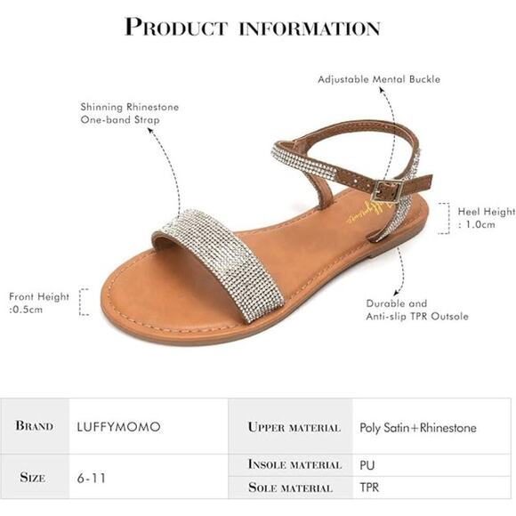 Luffymomo Rhinestone Women's Ankle Strap Sandals Flats Elastic Comfort SZ 8 - Picture 2 of 6